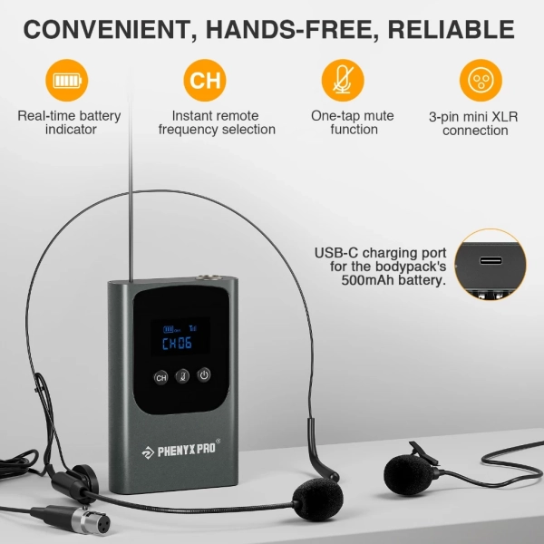 Sistema de microfone sem fio portátil digital Recarregavel Headset / Lapela PDP-2-1H1B - Imagem 14