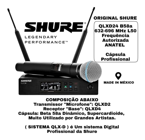 Microfone Sem Fio Profissional Shure QLXD24/B58 Cápsula Beta 58A – L50 (632-696 MHz) - Imagem 2
