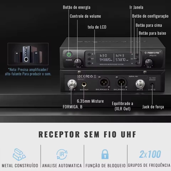 Sistema de microfone sem fio UHF duplo com varredura automática PTU-71-1H1B - Imagem 13
