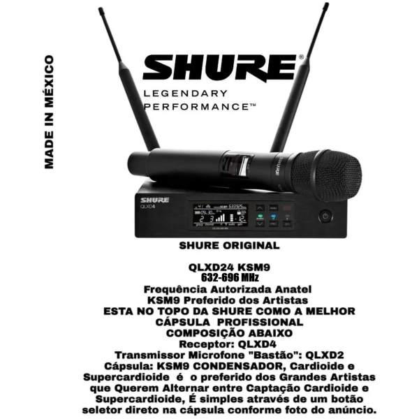 Shure QLXD24/KSM9 – Microfone Vocal Premium de Alta Performance com Padrão Polar Selecionável Cardioide e Supercardioide. - Imagem 2
