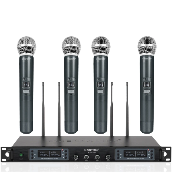 Sistema de Microfone sem fio UHF quádruplo com varredura automática PTU-7000-4H