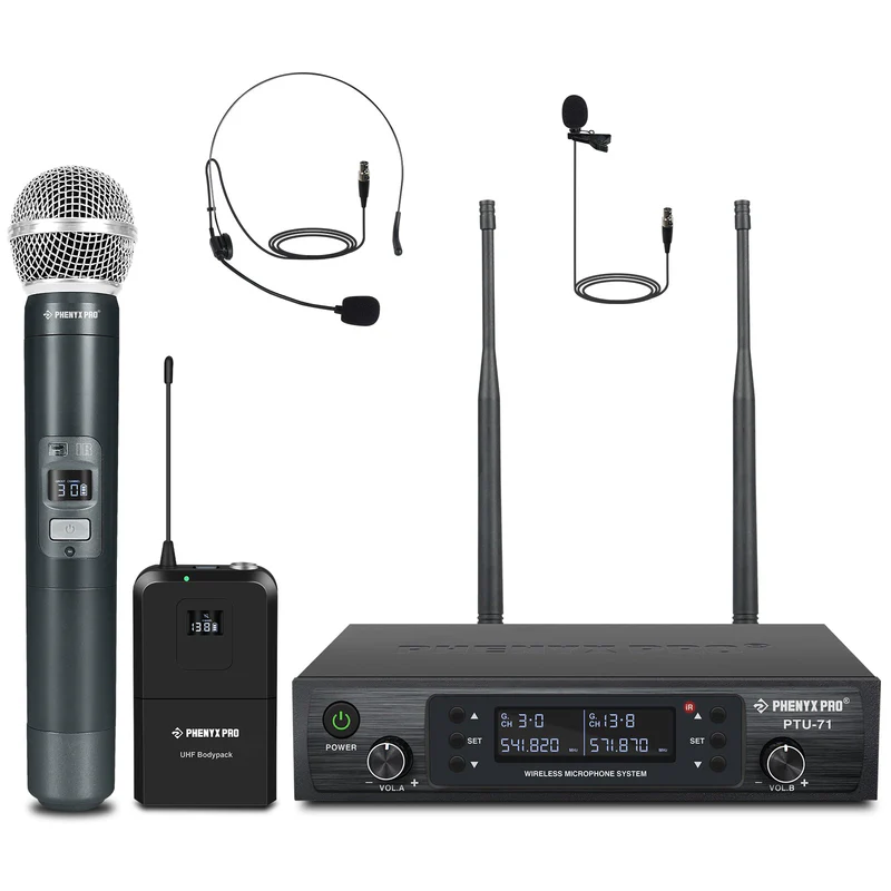 Sistema de microfone sem fio UHF duplo com varredura automática PTU-71-1H1B
