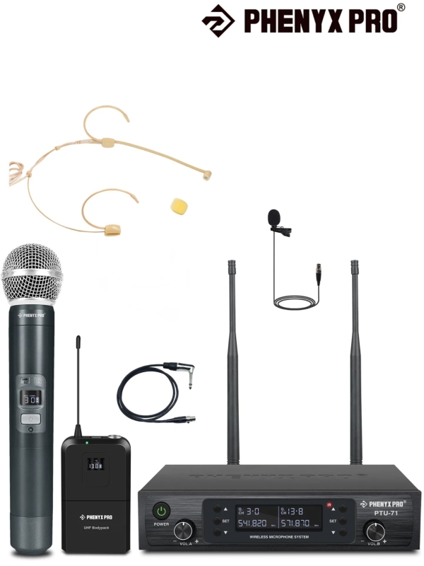 Sistema Duplo de Microfone Sem Fio Phenyx Pro PTU-71 - Bastão + Headset Bege + Lapela + Cabo Instrumentos - Imagem 2