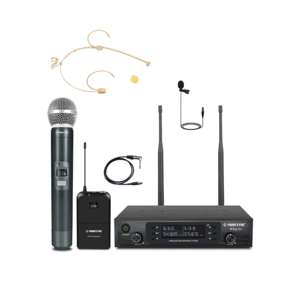 Sistema Duplo de Microfone Sem Fio Phenyx Pro PTU-71 - Bastão + Headset Bege + Lapela + Cabo Instrumentos
