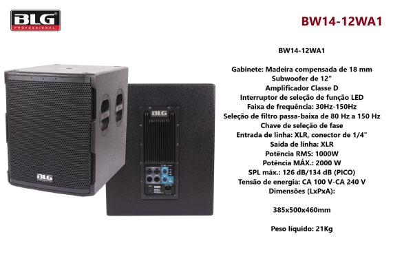 BLG BW14‑12WA1 – Subwoofer Ativo 12″ | 1000 W RMS / 2000 W Pico | 134 dB | Bivolt - Imagem 7