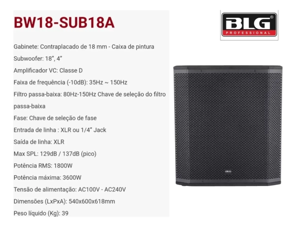 BLG Subwoofer 18” BW18-SUB18A 3600W Ativo – Classe D, 137dB SPL - Alta Pressão Sonora - Imagem 9