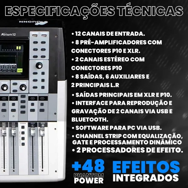 Mesa de Som Digital Duonn ATRIUM 12 – 12 Canais, 6 Auxiliares, Touchscreen, Bluetooth e USB - Imagem 4