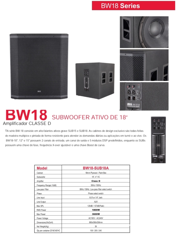 BLG Subwoofer 18” BW18-SUB18A 3600W Ativo – Classe D, 137dB SPL - Alta Pressão Sonora - Imagem 10