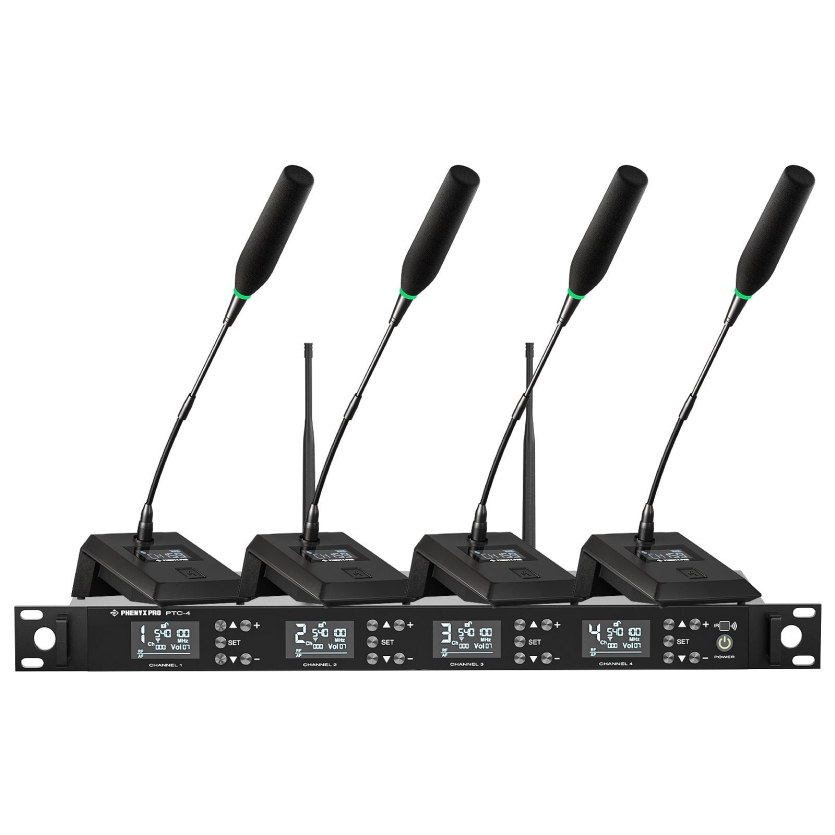 Sistema Quadruplo de Microfone Sem Fio Gooseneck para Conferências Phenyx Pro PTC-4
