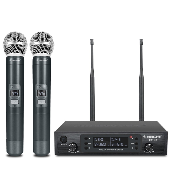 Sistema de Microfone Sem Fio UHF Duplo com Varredura Automática Phenyx Pro PTU-71-2H
