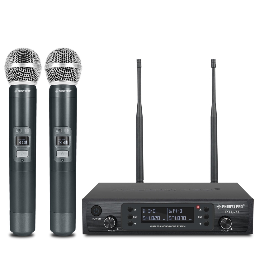Sistema de Microfone Sem Fio UHF Duplo com Varredura Automática Phenyx Pro PTU-71-2H