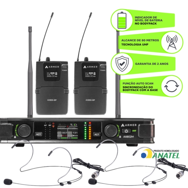 Microfone Discreto sem Fio Profissional Headset Duplo Armer AX802M HH - Imagem 2