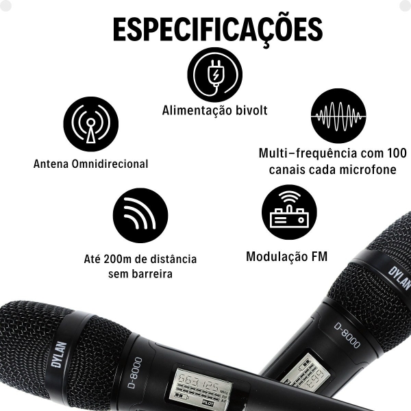 Microfone Sem Fio Duplo Profissional Dylan D-8500s Dinâmico Uhf Preto ( com Case ) - Imagem 9