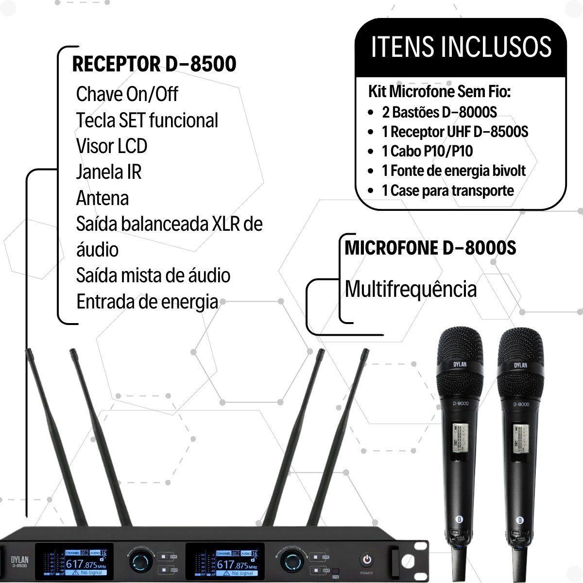 Microfone Sem Fio Duplo Profissional Dylan D-8500s Dinâmico Uhf Preto ( com Case ) - Imagem 5