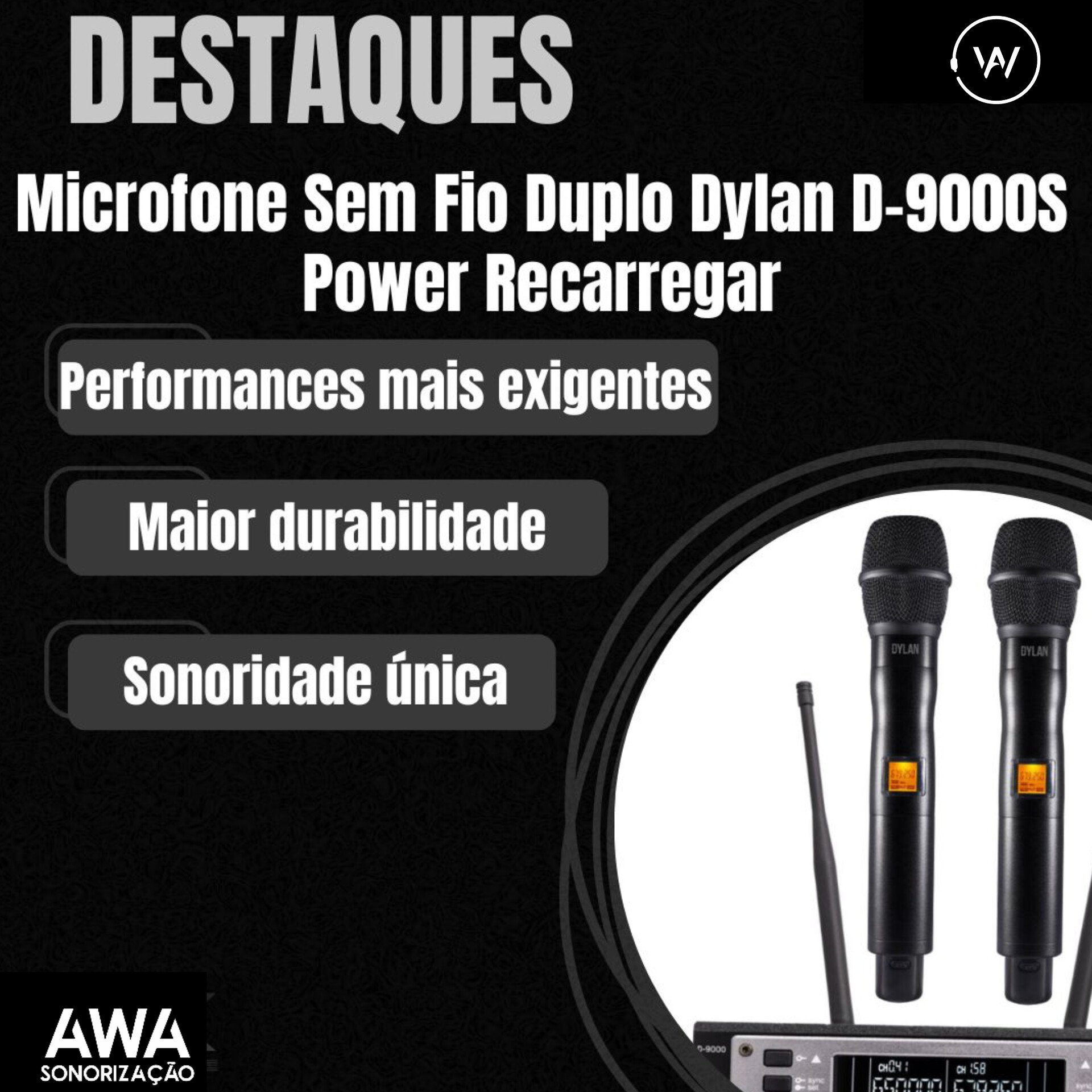 Microfone Sem Fio Duplo Profissional Dylan D-9000S Power ( Recarregável Nova Versão ) - Imagem 3