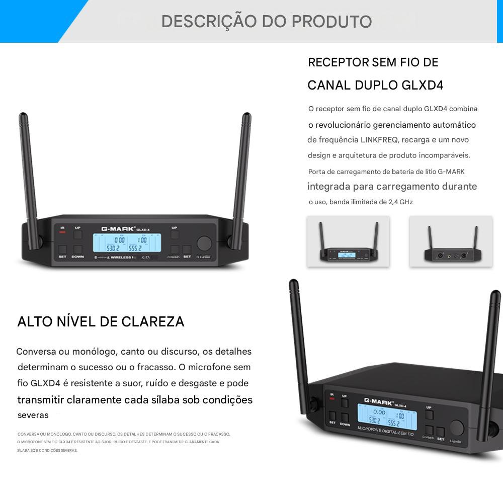 Microfone Headset Duplo Sem Fio G-MARK GLXD-4 - UHF com 2 Bodypack - Cardioide Direcional - Imagem 3