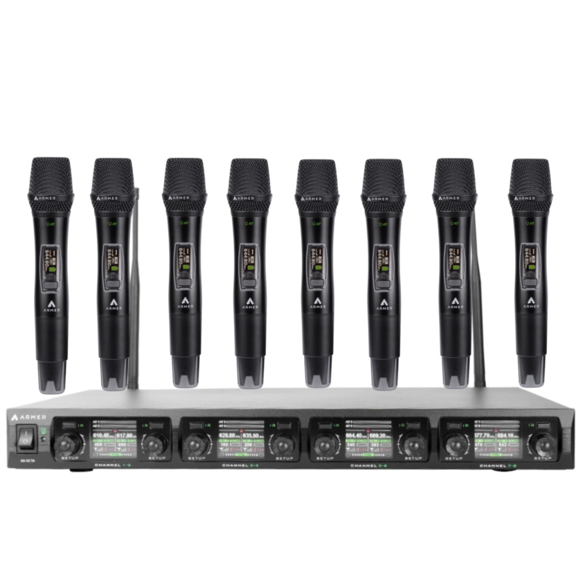 Kit com 8 Microfones sem Fio Profissional Bastão + Receptor Armer AX OCTA ( Recarregável )