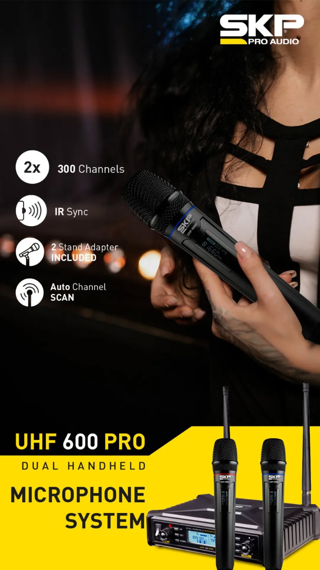 Sistema Microfone Sem Fio SKP UHF 600 PRO – Duplo, 300 Canais - Imagem 20