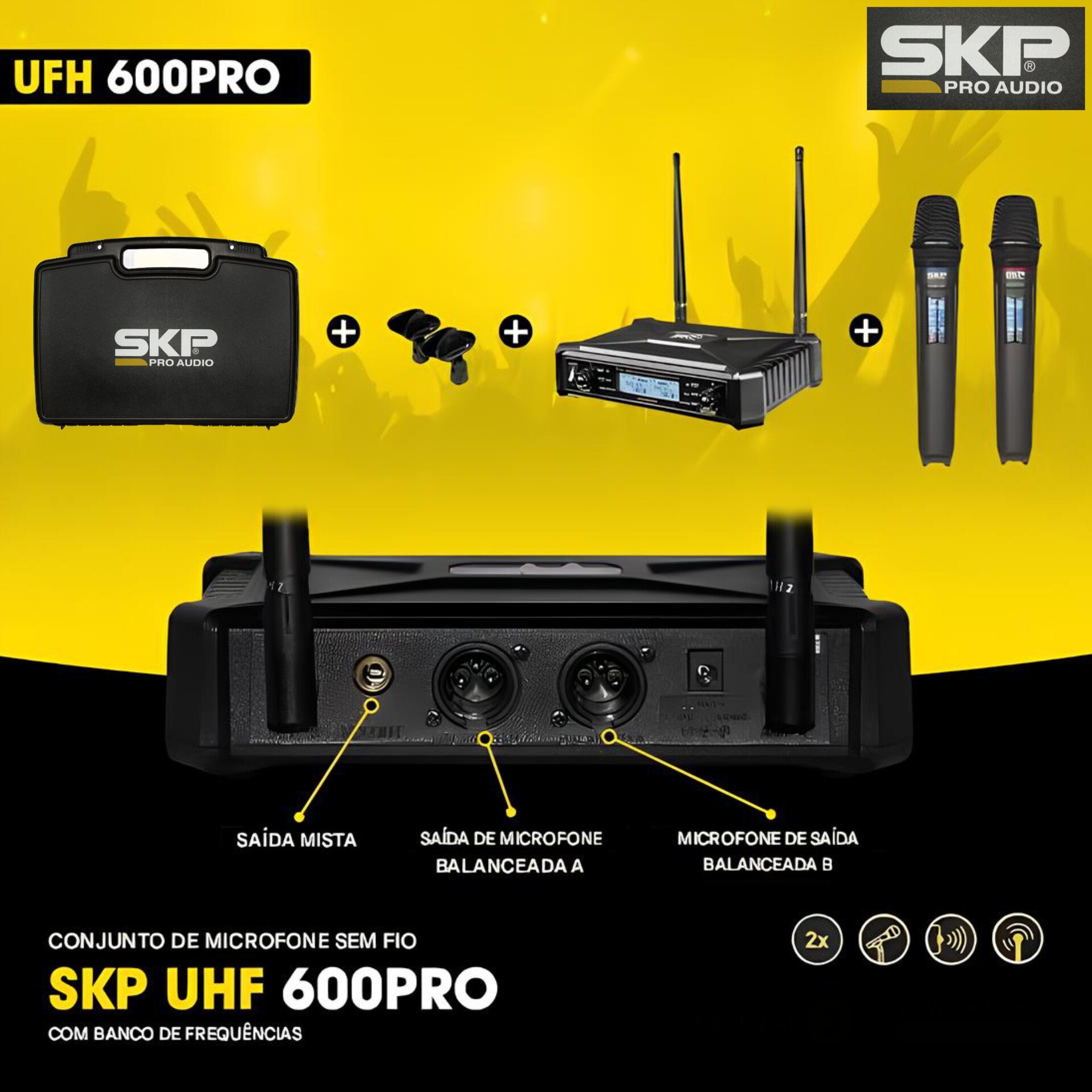 Sistema Microfone Sem Fio SKP UHF 600 PRO – Duplo, 300 Canais - Imagem 2